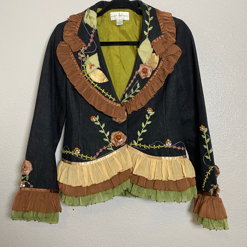 Vintage Mary Frances Embroidered Beaded Ruffled Dark Wash Jean Jacket Small